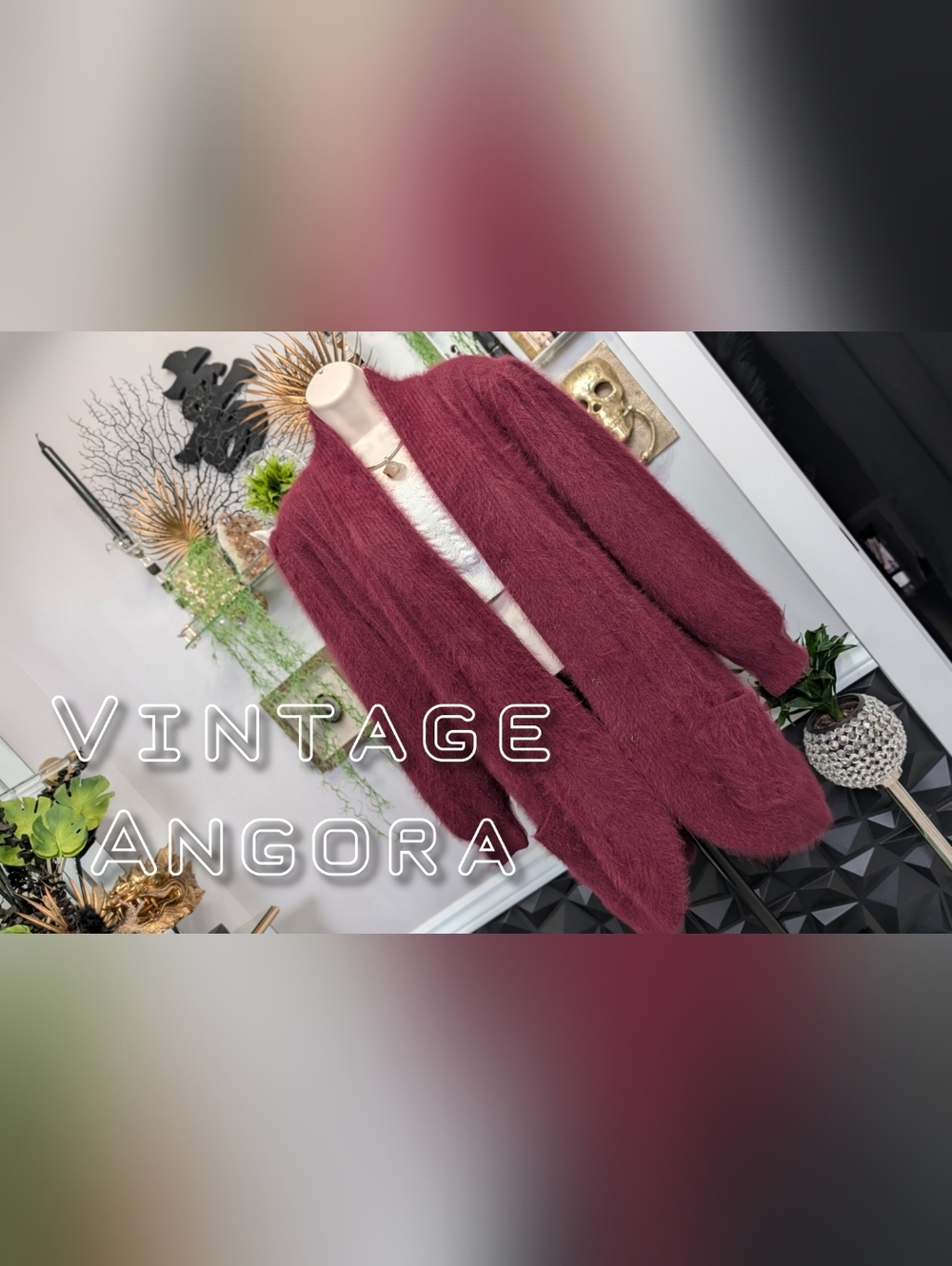 Lady Monica Vintage Burgundy Angora Sweater Cardigan XL